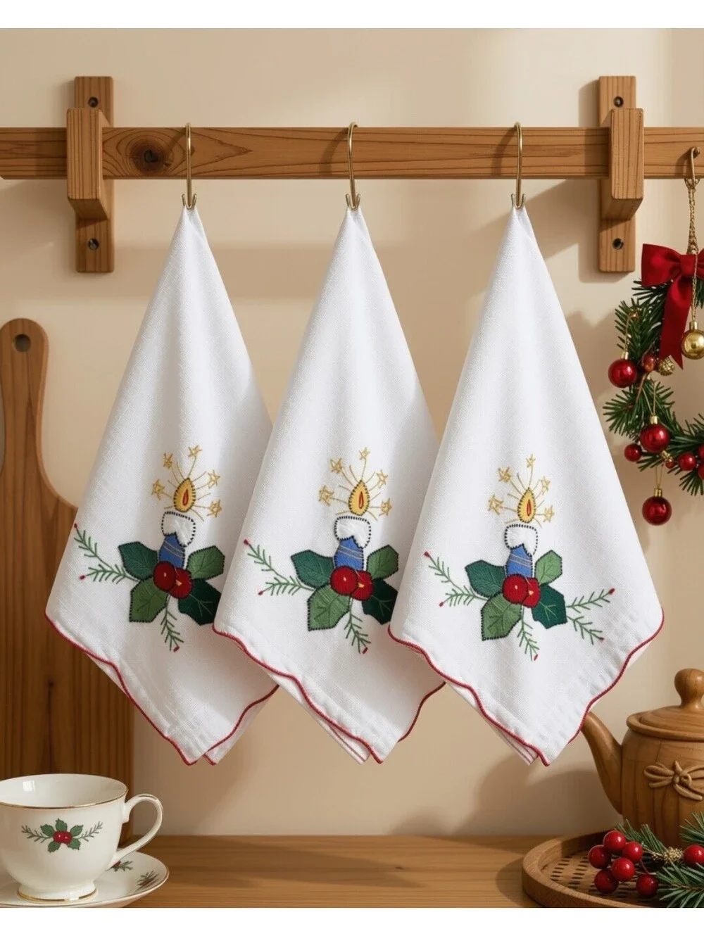 Vintage Christmas Embroidered Dinner Napkins / Tea Towels Candle w/Holly